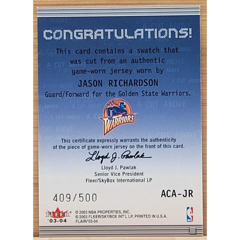 2003-04 FLAIR JASON RICHARDSON‎ GAME USED JERSEY #D/500 GOLDEN STATE WARRIORS